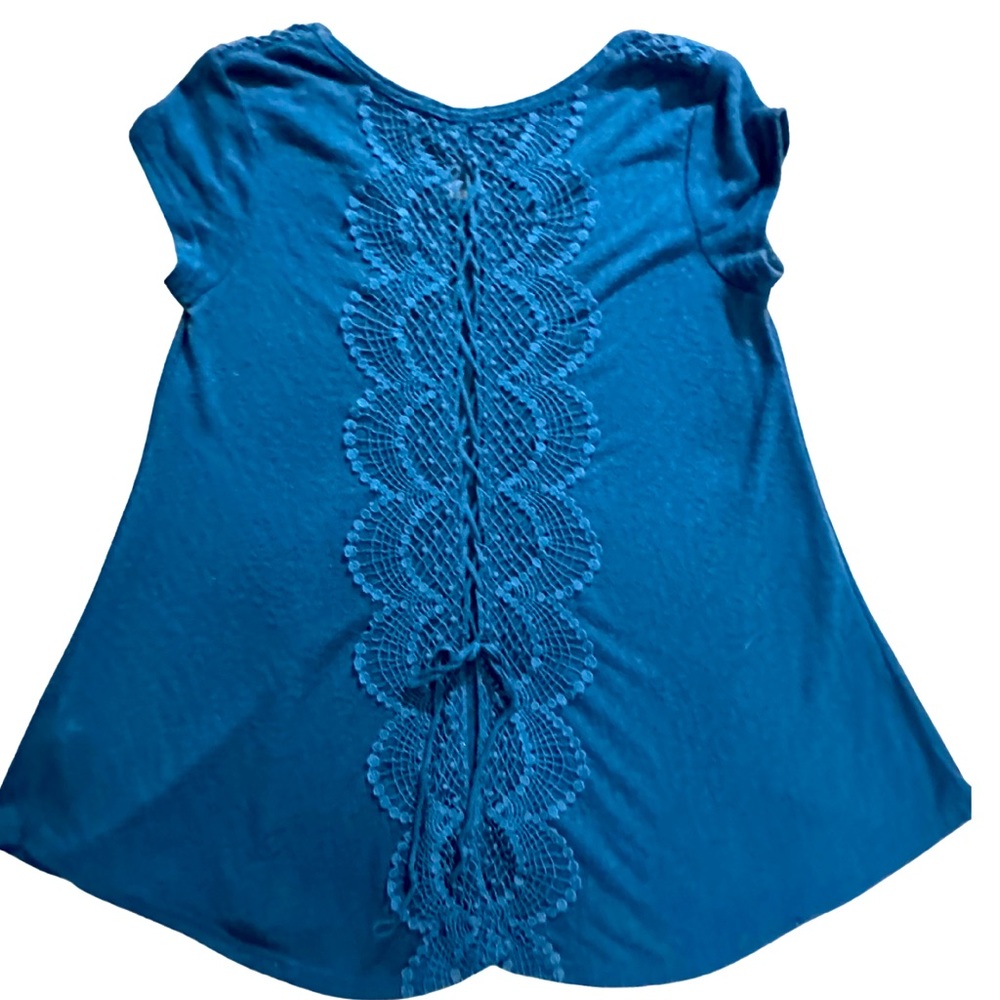 XHILARATION TOP Short Sleeves Lace Back Top Turquoise Soft Comfy Women’s SZ XS